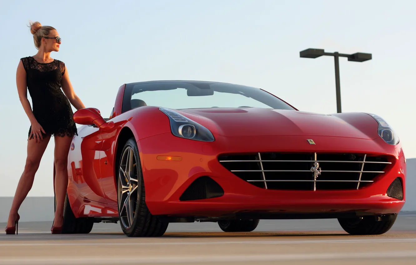 Photo wallpaper girl, dress, glasses, Parking, Ferrari, drives, red car