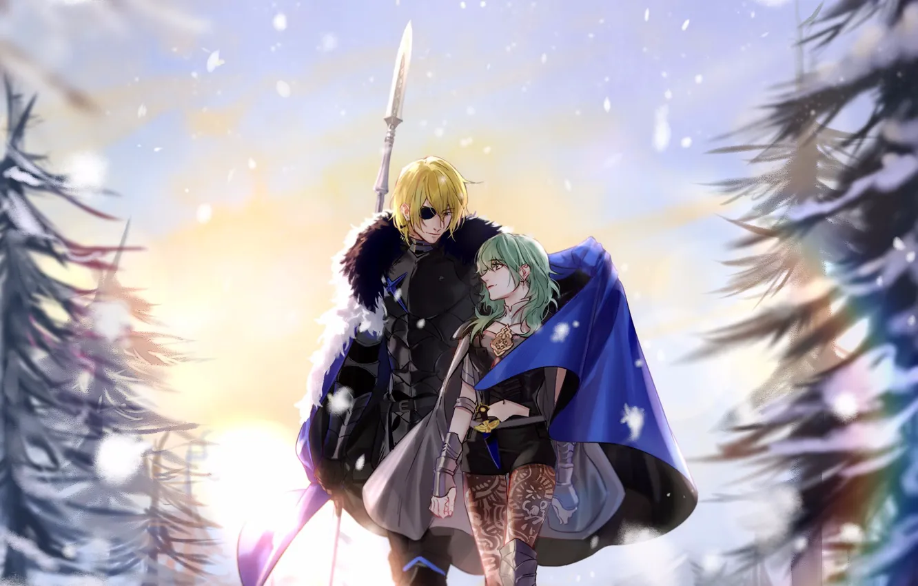 Photo wallpaper winter, girl, snow, trees, male, Fire Emblem, Вyleth, Dimitri Alexandre Blaiddyd