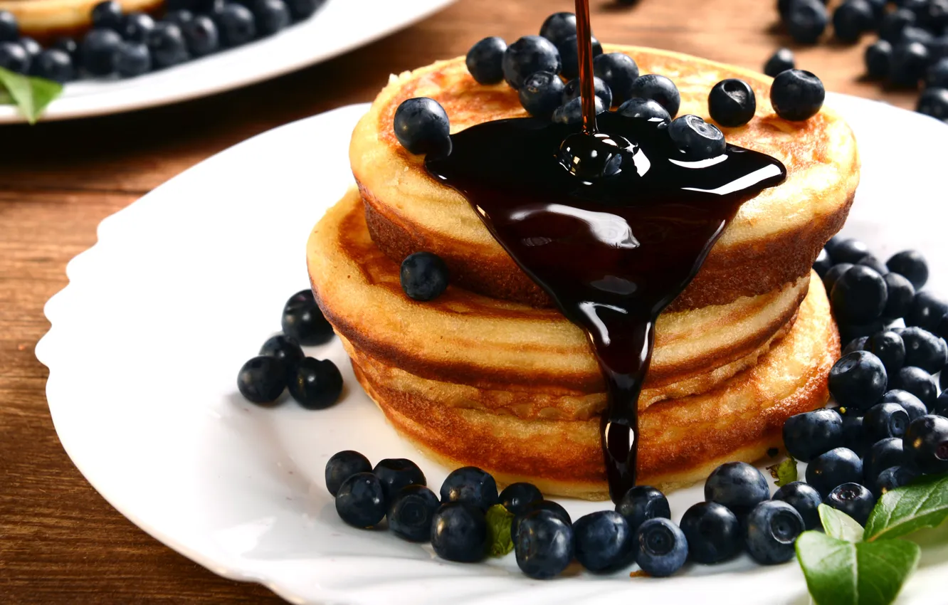 Photo wallpaper berries, food, blueberries, pancakes, cakes, jam, pancake