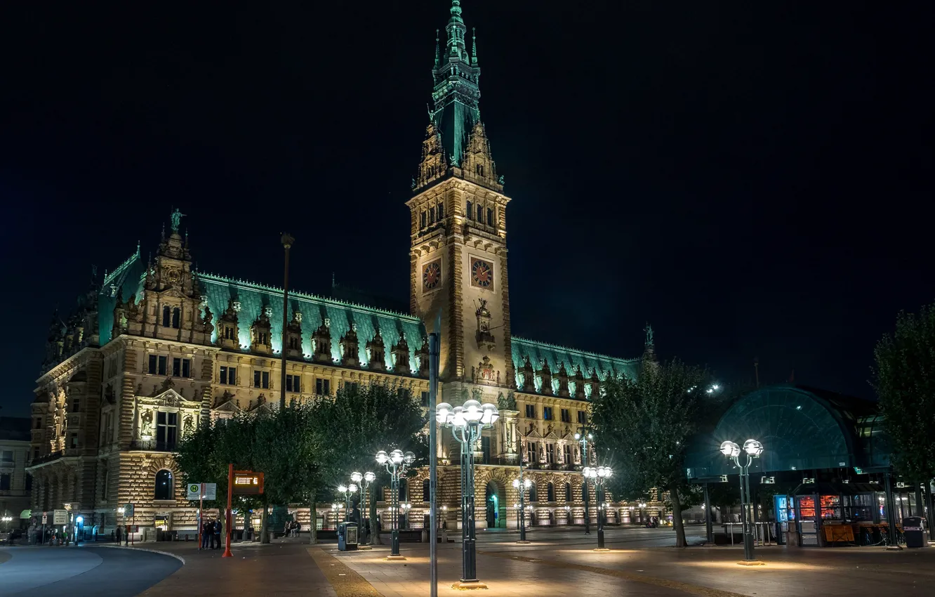 Photo wallpaper night, lights, watch, tower, Germany, area, lights, Hamburg