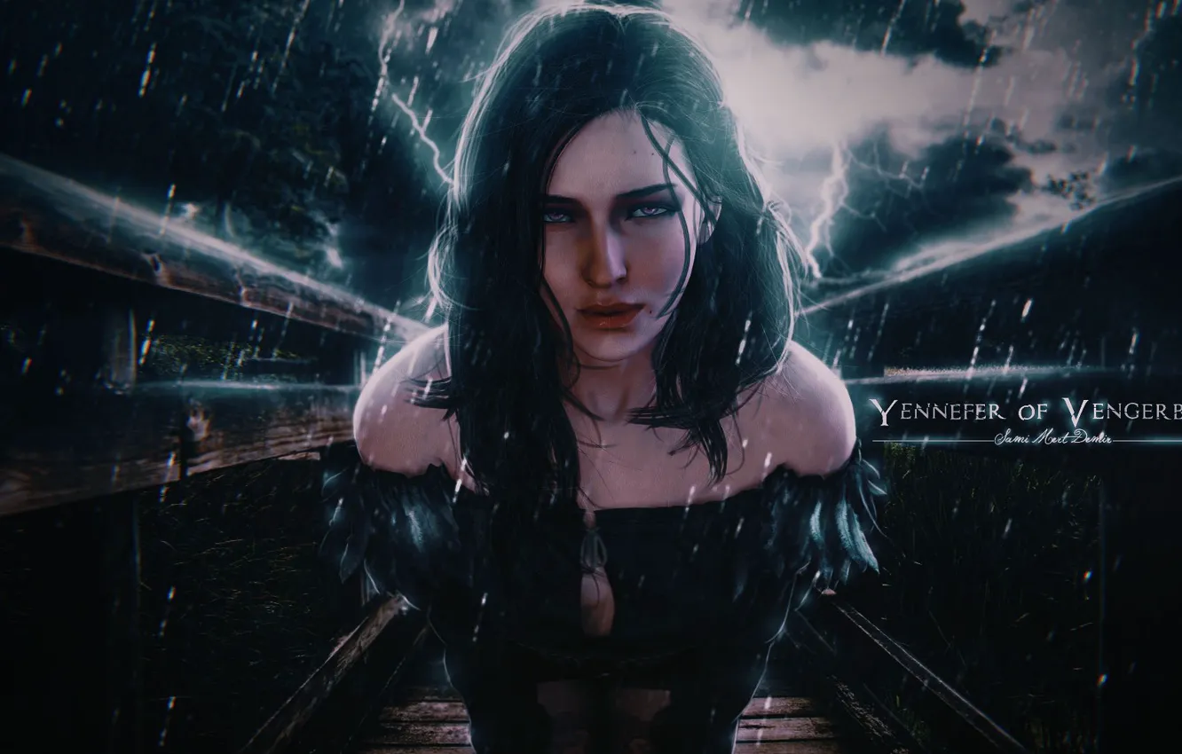Photo wallpaper the storm, look, night, rain, the inscription, hair, The Witcher, the enchantress