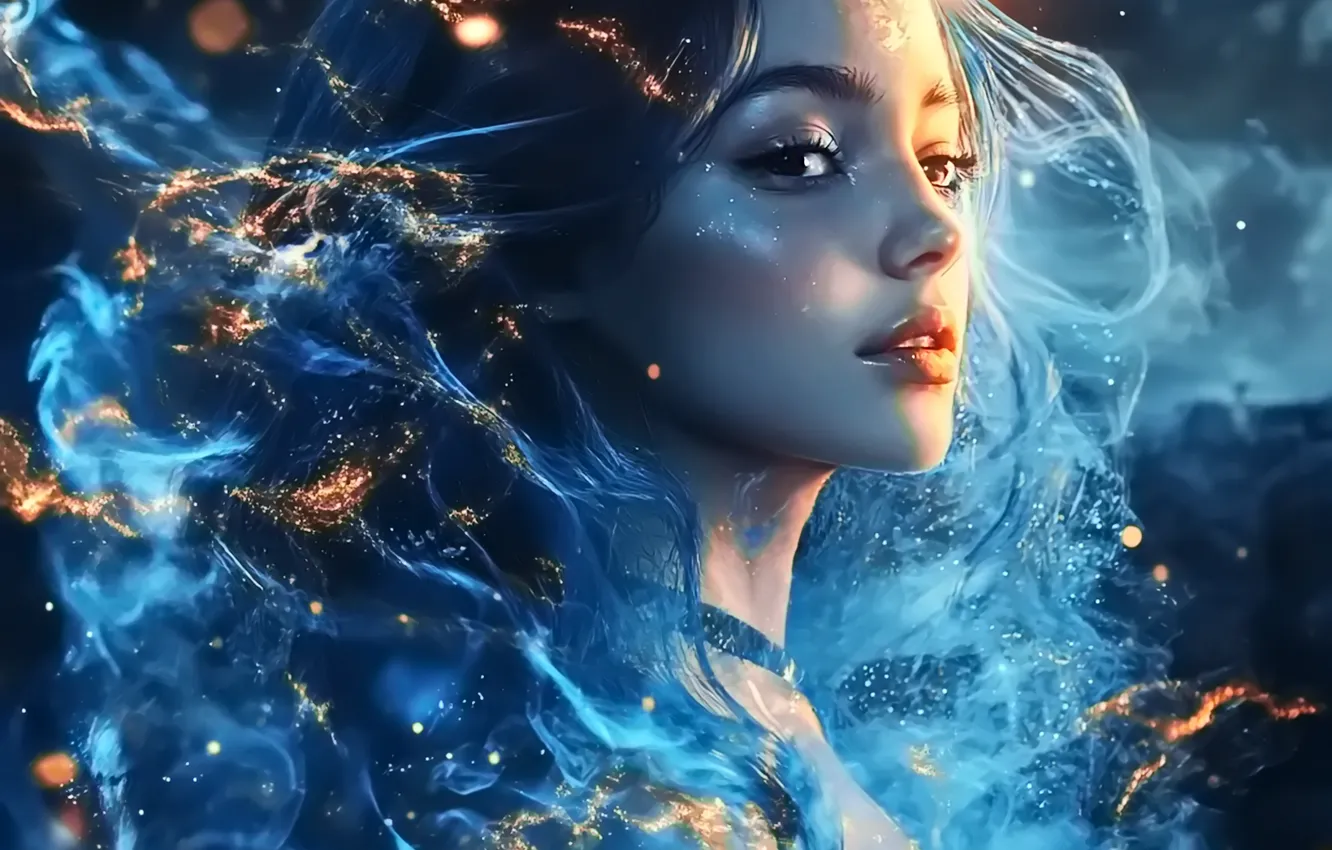 Photo wallpaper look, girl, space, light, night, face, lights, flame