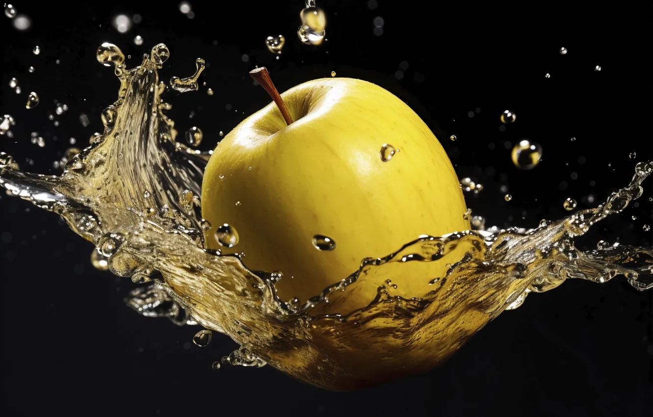 Photo wallpaper water, drops, light, squirt, yellow, apples, splash, black background