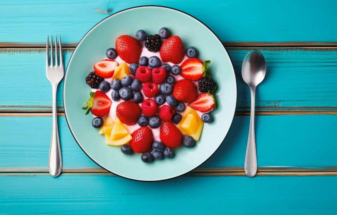 Photo wallpaper berries, raspberry, Board, orange, Breakfast, blueberries, strawberry, plate