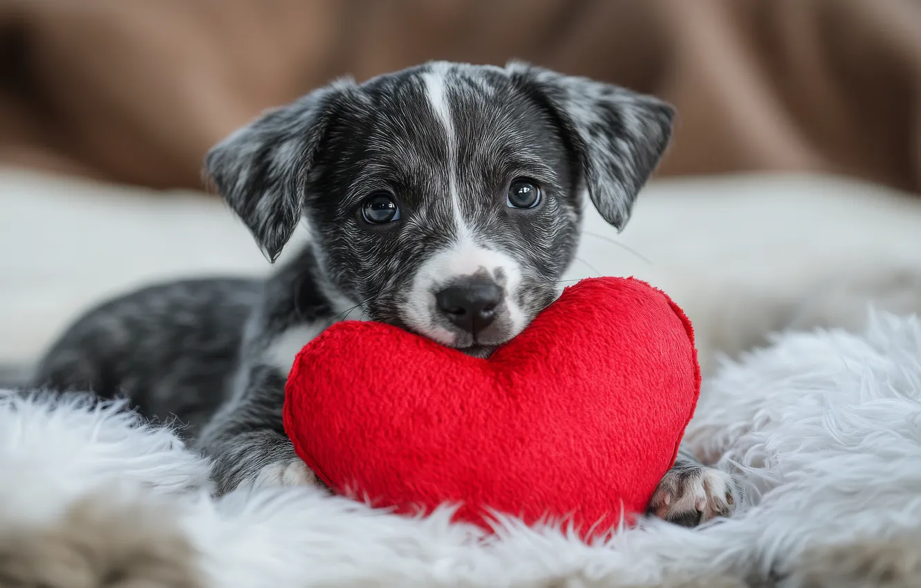 Photo wallpaper look, love, red, grey, heart, portrait, dog, puppy