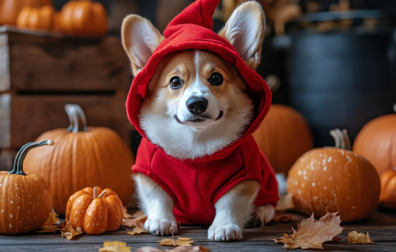 Photo wallpaper autumn, look, holiday, dog, costume, outfit, pumpkin, Halloween