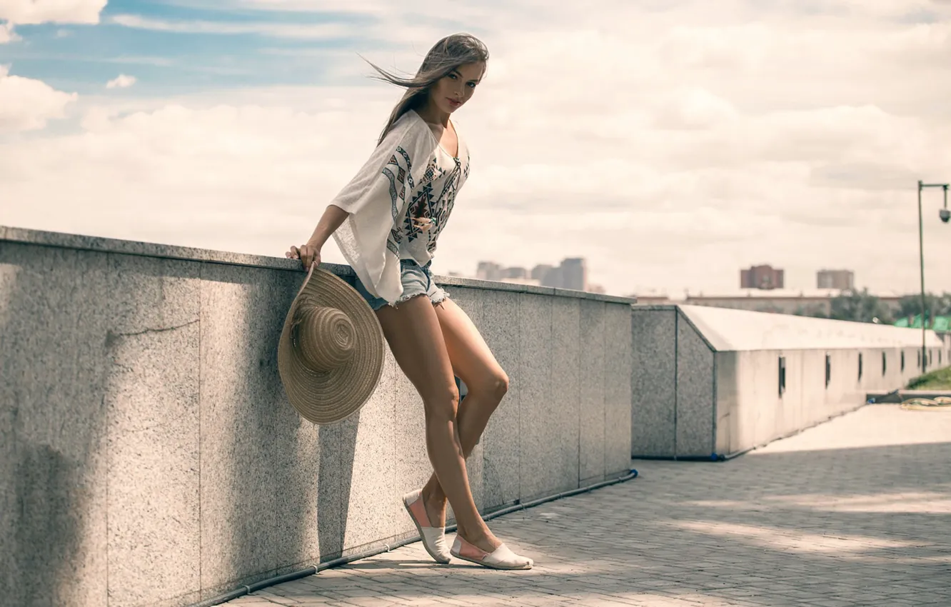 Photo wallpaper summer, the city, shorts, hat, devuska