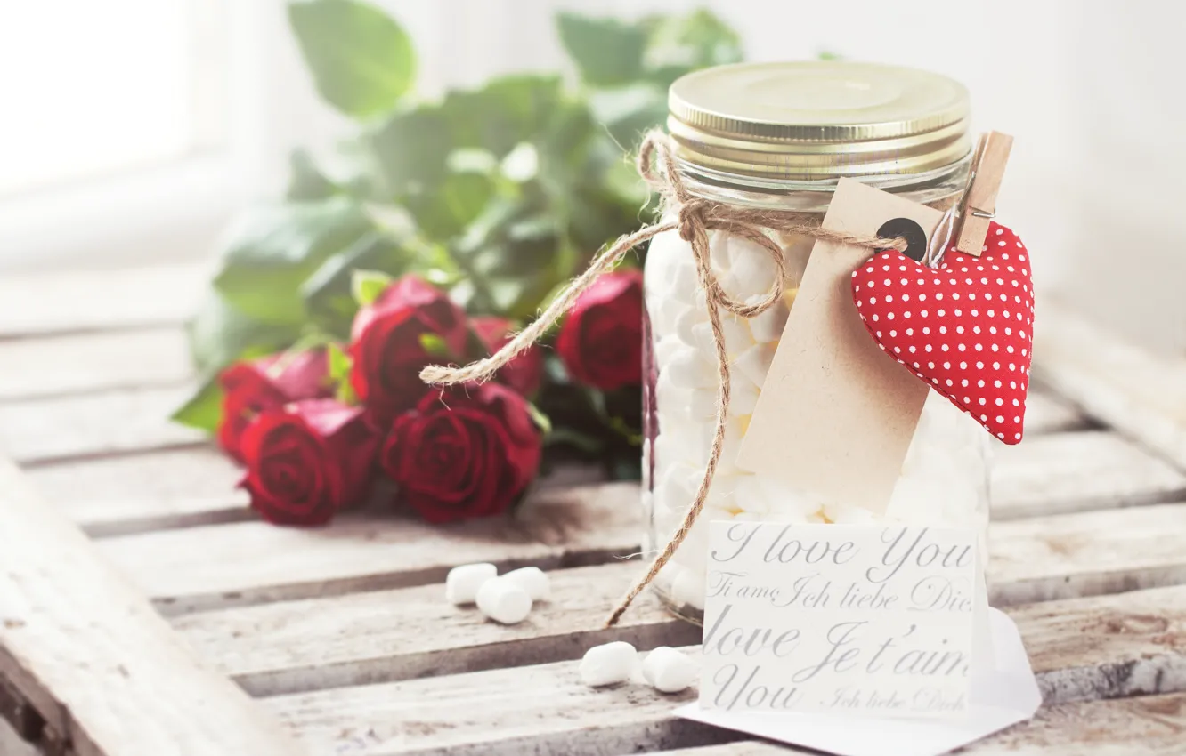 Photo wallpaper roses, hearts, red, heart, romantic, valentine's day, jar, marshmallows