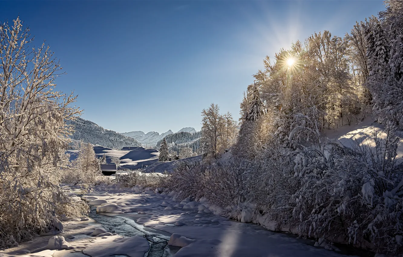 Photo wallpaper winter, the sun, rays, snow, landscape, mountains, nature, river