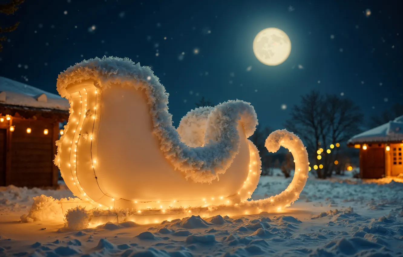 Photo wallpaper snow, decoration, night, lights, new year, Christmas, sleigh, Christmas