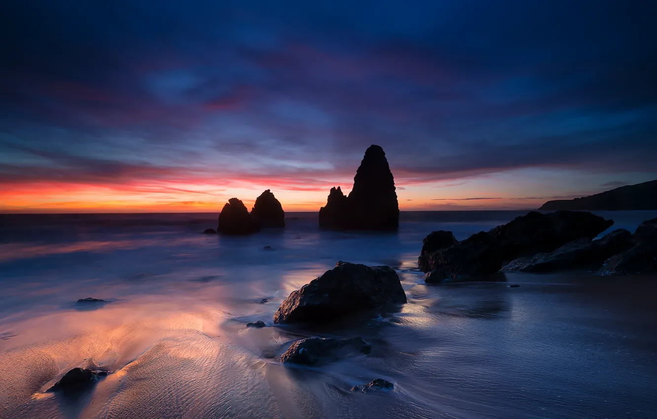 Photo wallpaper sand, the sky, clouds, sunset, Strait, stones, the ocean, rocks