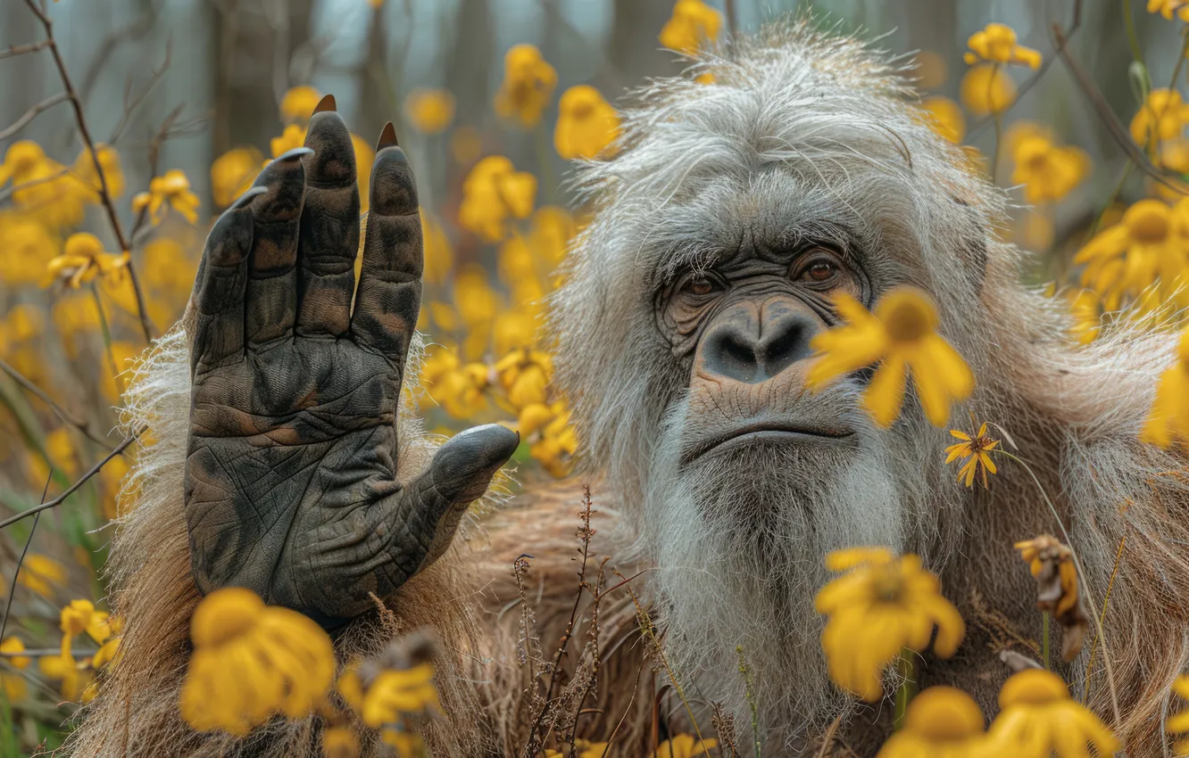 Photo wallpaper look, face, flowers, being, palm, Yeti, Bigfoot, digital art