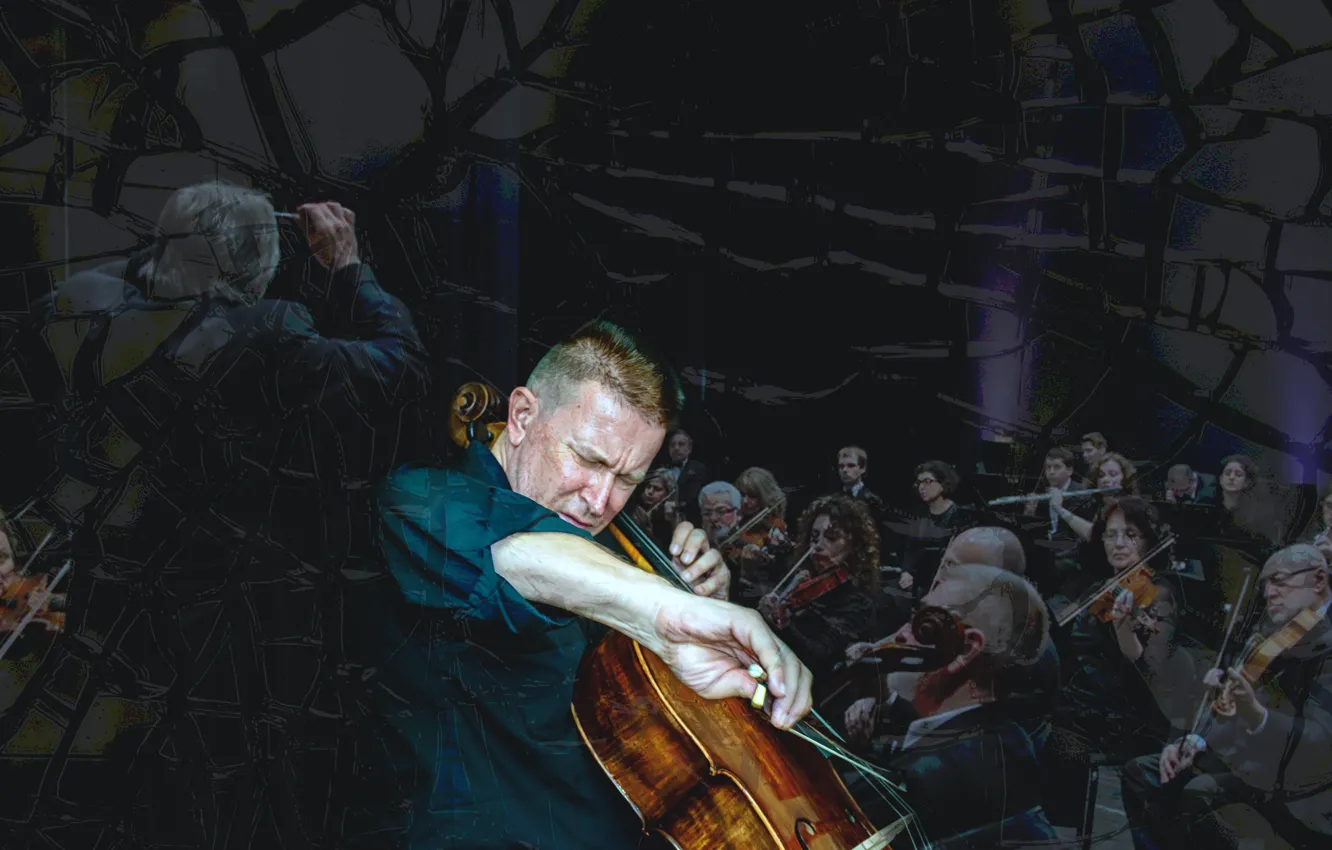 Photo wallpaper Concert, Musicians, Cello, Orchestra, Classical music, Symphony, Conductor, Cellist
