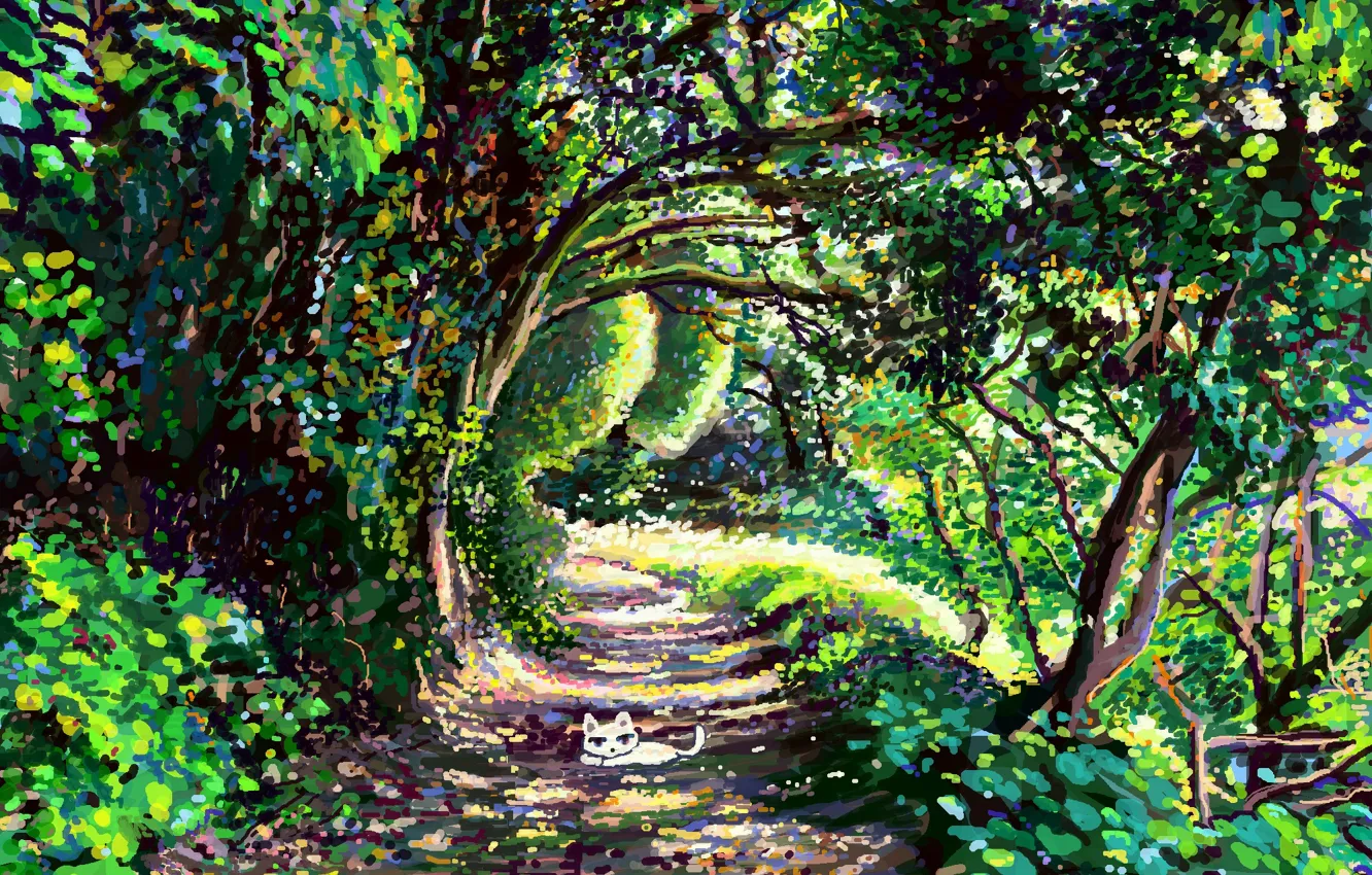 Photo wallpaper road, cat, leaves, trees, nature, shadow, art, Hikaru no tube
