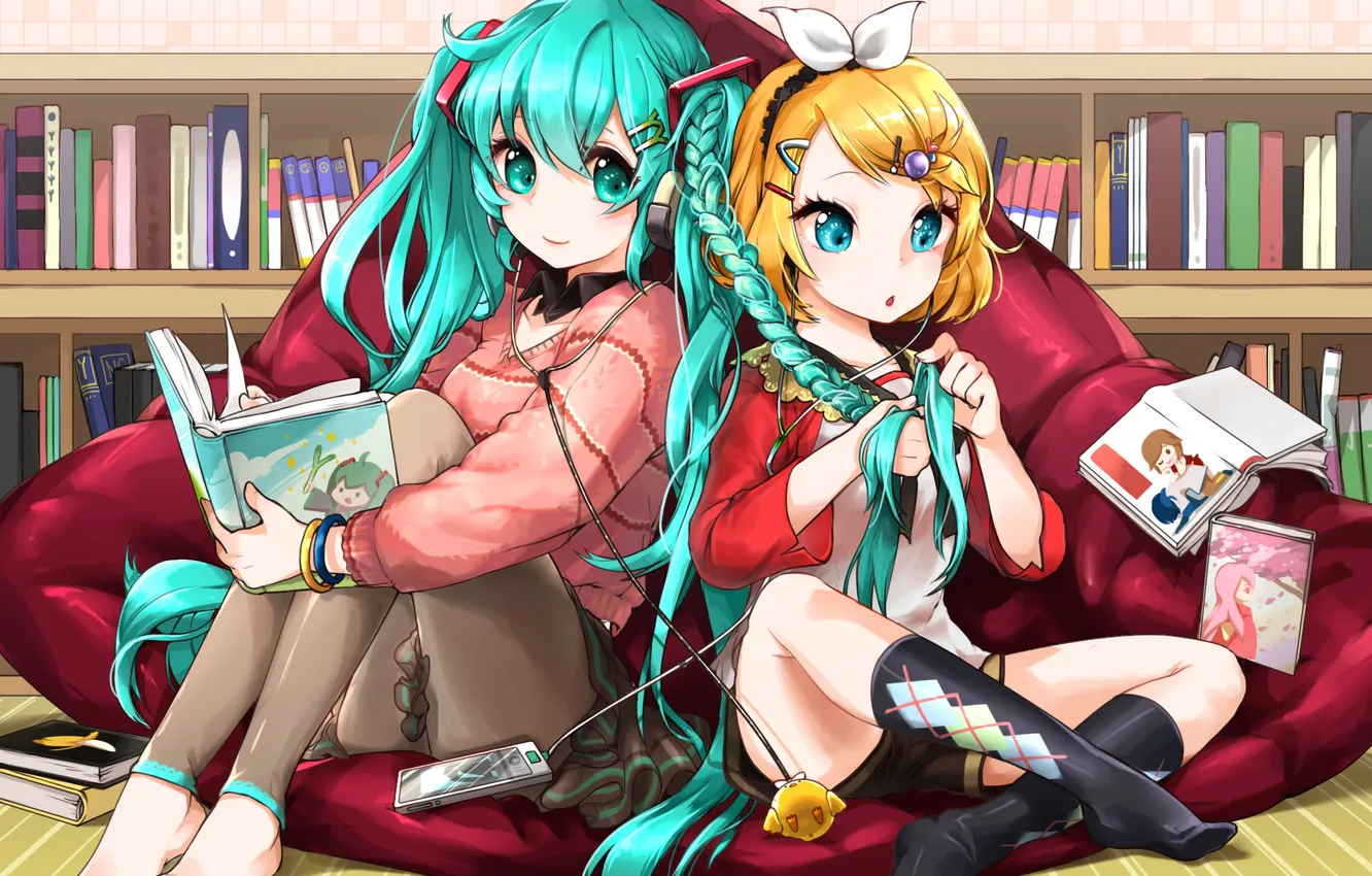 Photo wallpaper girl, music, room, home, headphones, art, book, braids