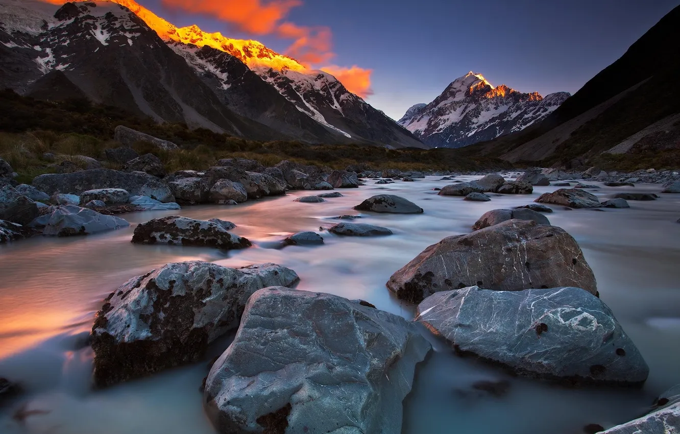 Photo wallpaper trees, mountains, river, dawn, tops, panorama