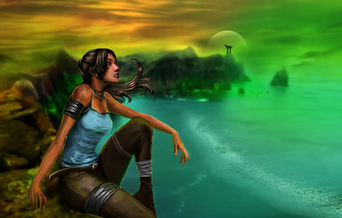 Photo wallpaper sea, look, girl, hair, island, art, sitting, Lara Croft