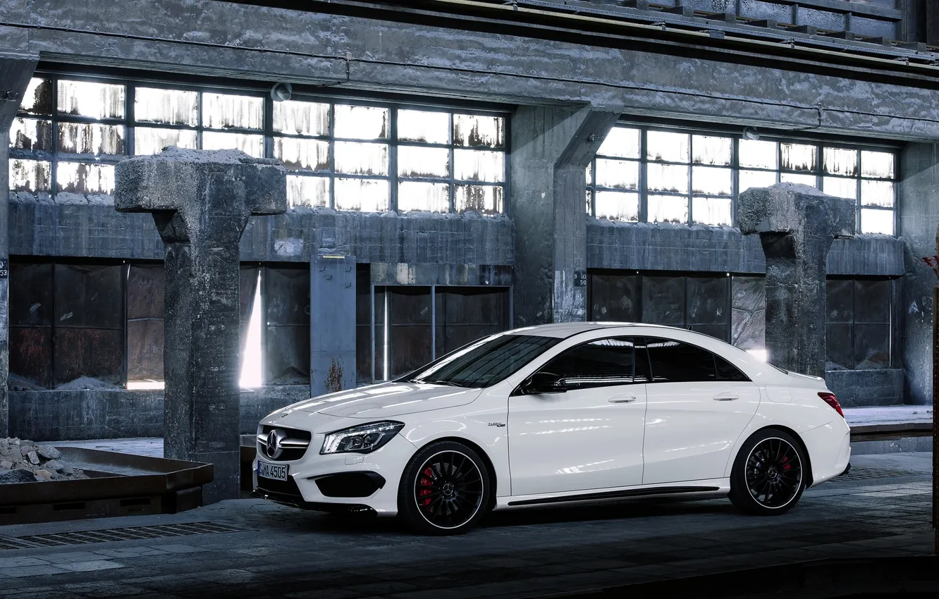 Photo wallpaper auto, white, Mercedes-Benz, The hood, sedan, Mercedes, AMG, CLA45