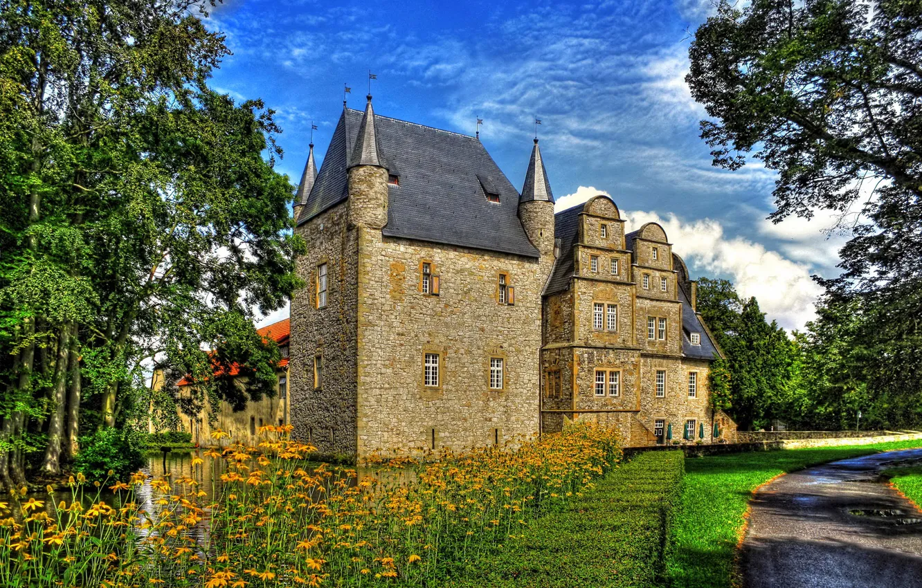 Photo wallpaper road, trees, landscape, flowers, castle, home, Germany, schelenburg