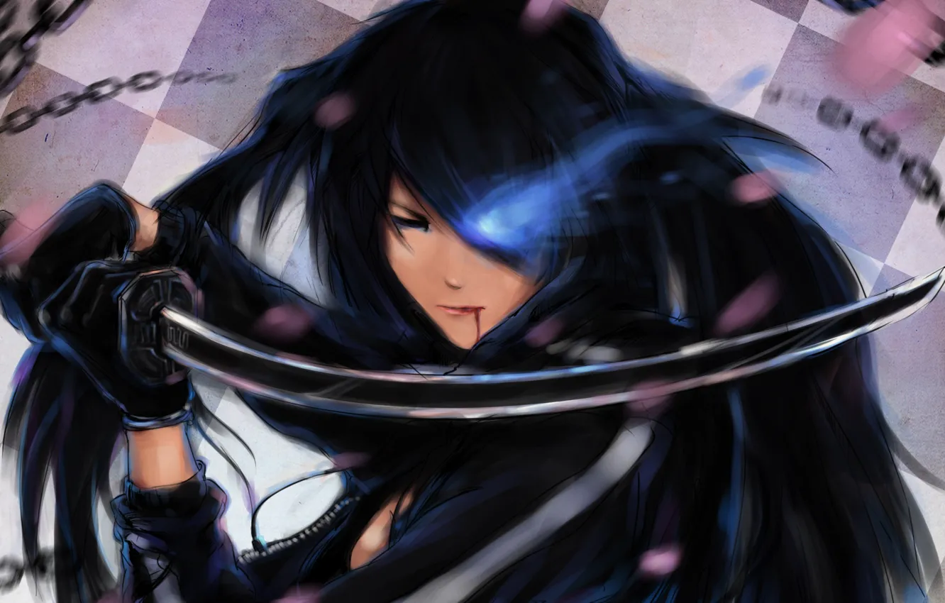 Photo wallpaper girl, blood, sword, chain, Black Rock Shooter, blue flame, Catch The Worm