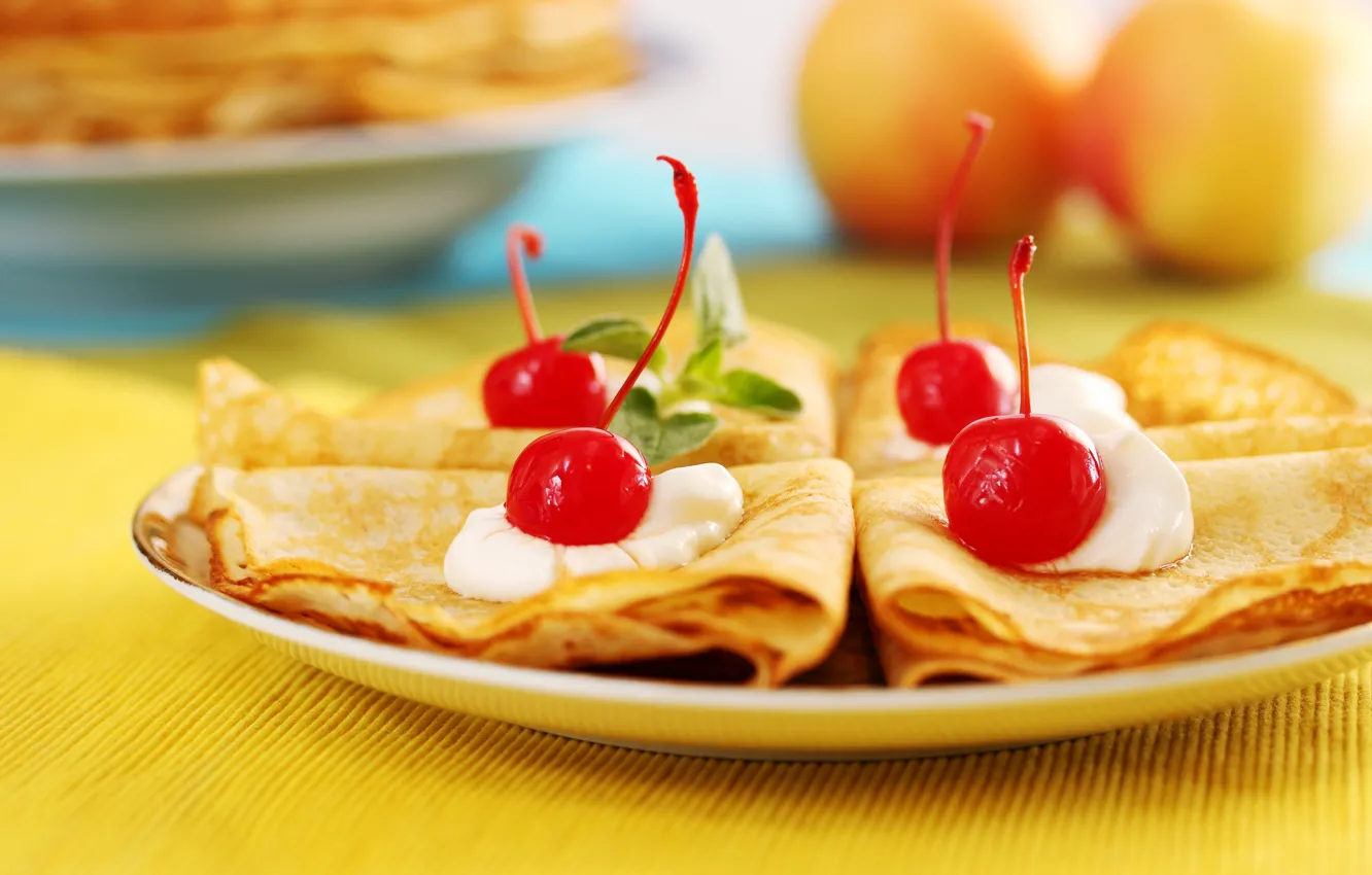 Photo wallpaper cherry, cream, pancakes, mint leaves