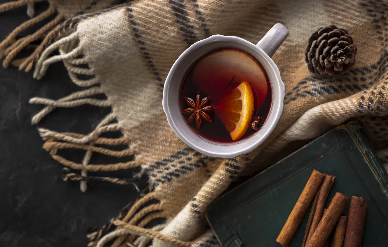 Photo wallpaper heat, lemon, tea, scarf, Cup, book, cinnamon, bumps