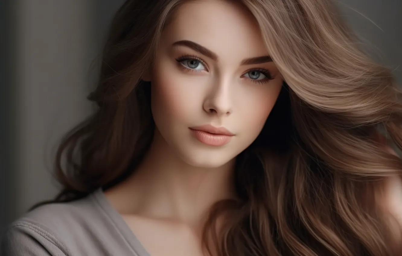 Photo wallpaper look, girl, eyelashes, portrait, makeup, brown hair, curls, Rus