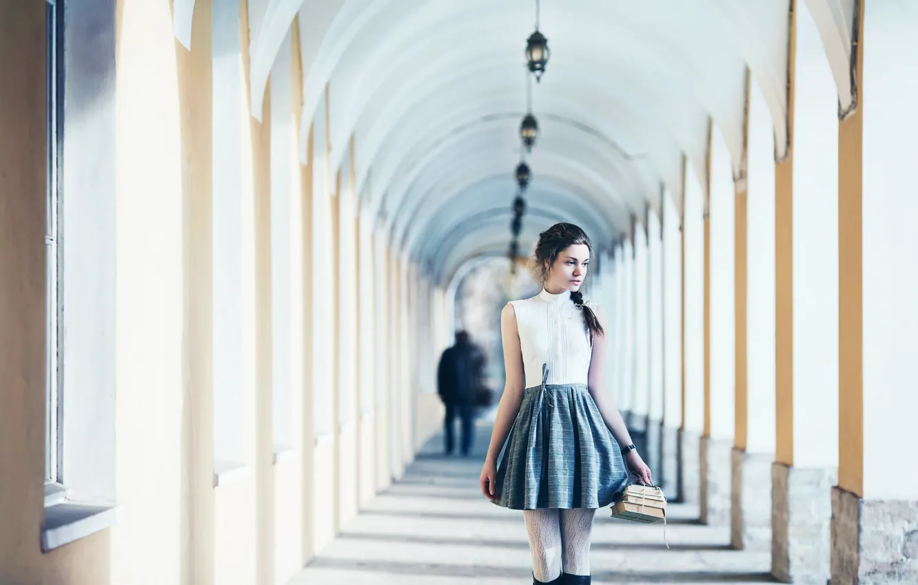 Photo wallpaper girl, books, skirt, blouse, pigtail