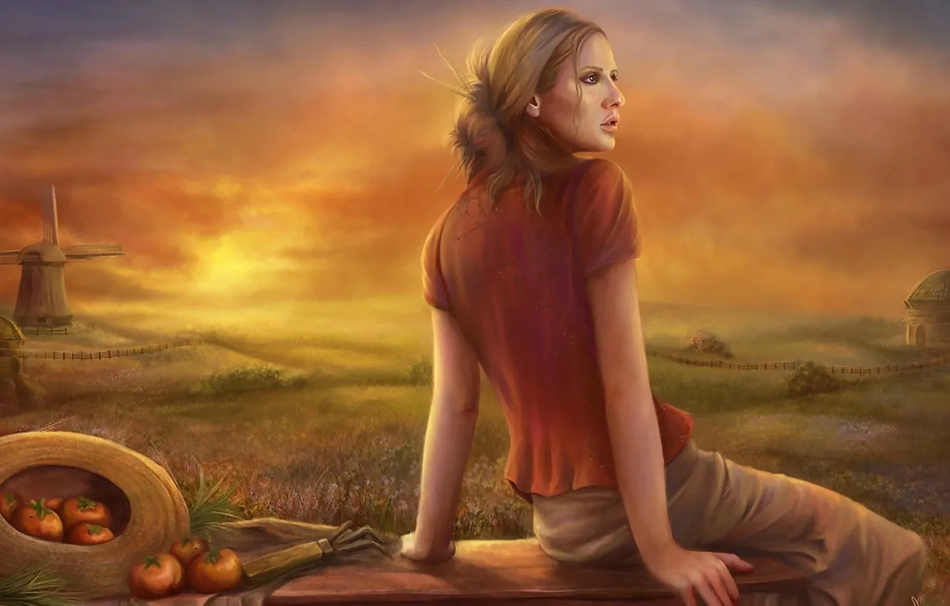 Photo wallpaper field, the sky, grass, girl, clouds, flowers, work, glade