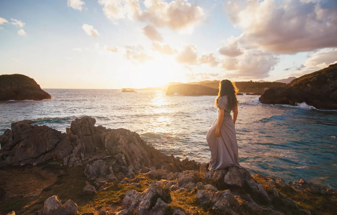 Photo wallpaper sea, the sky, girl, the sun, clouds, light, nature, pose