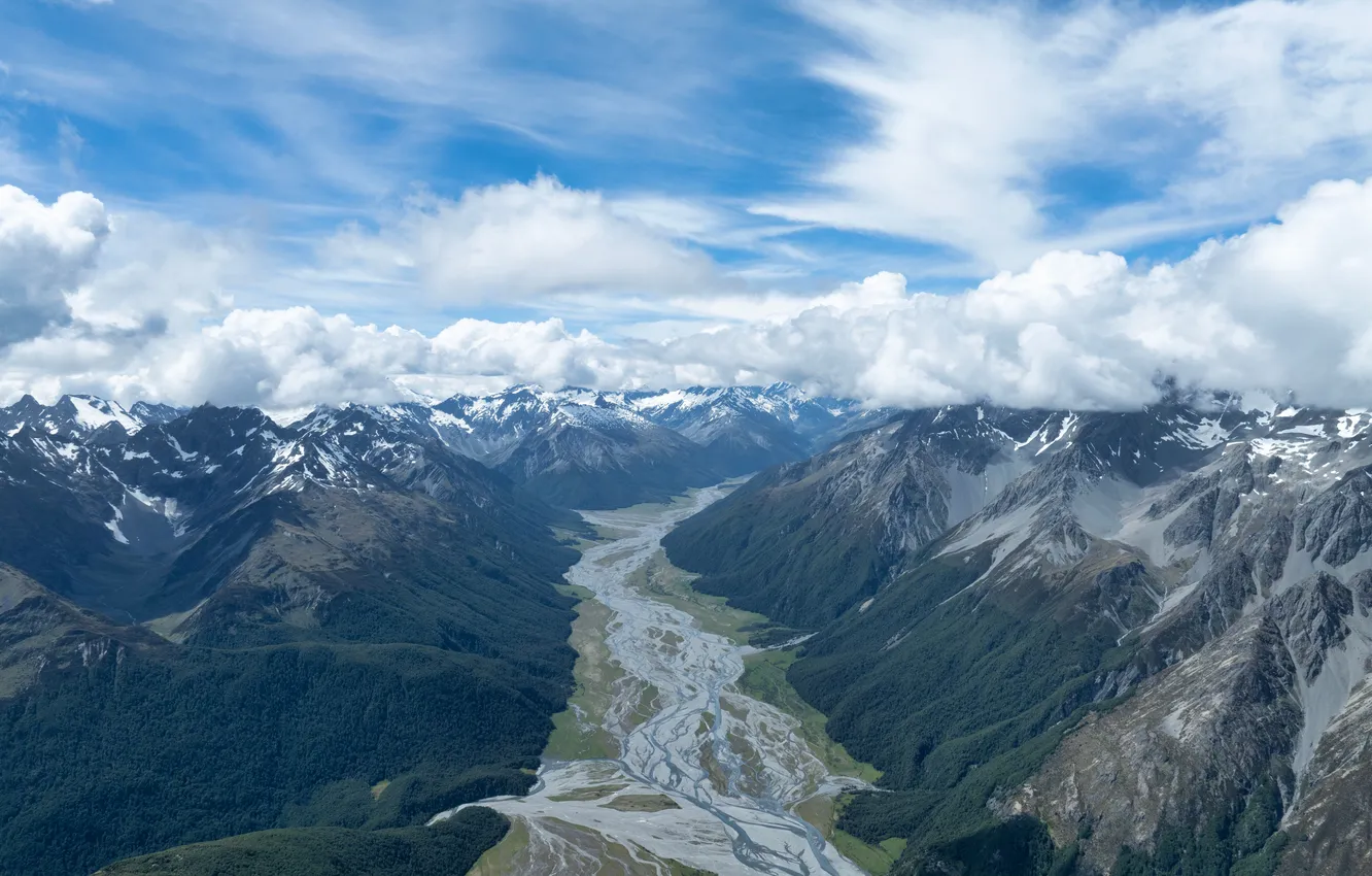 Photo wallpaper clouds, mountains, river, valley, New Zealand