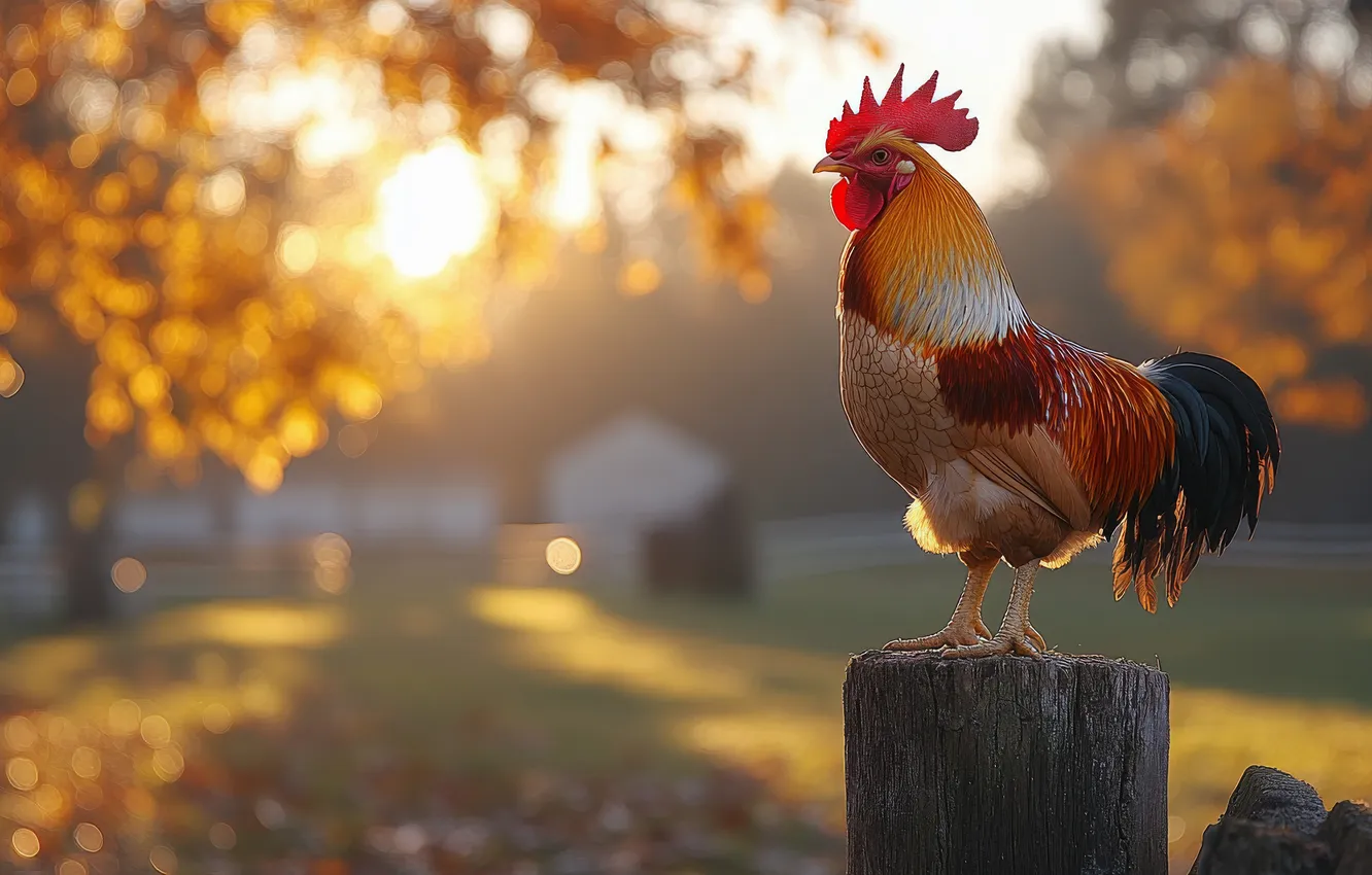 Photo wallpaper autumn, the sun, rays, light, trees, branches, dawn, bird