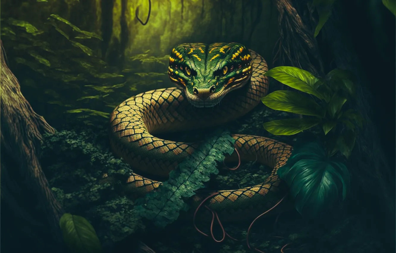 Photo wallpaper look, leaves, green, the dark background, thickets, plant, snake, jungle