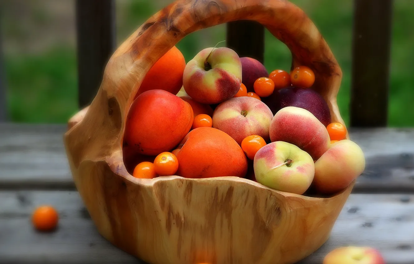 Photo wallpaper blur, peaches, apricots, fruit basket