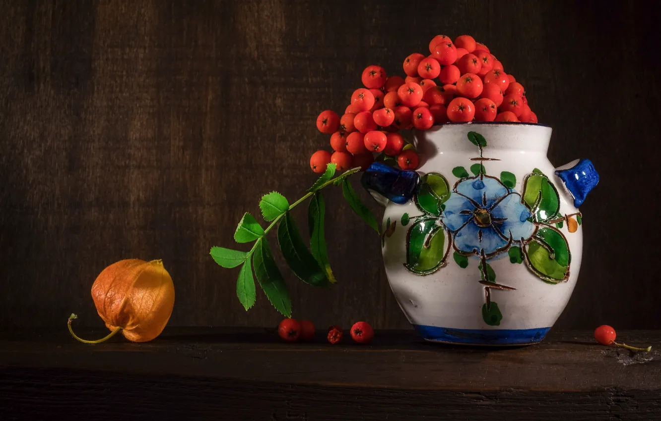 Photo wallpaper autumn, leaves, berries, the dark background, pattern, Board, pot, still life