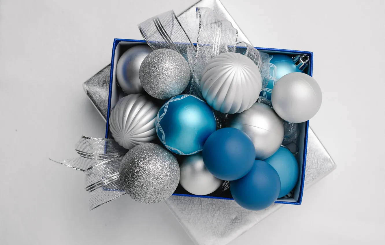 Photo wallpaper balls, holiday, box, gift, blue, Christmas, tape, New year