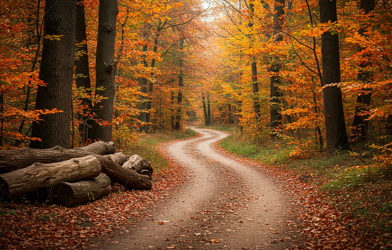 Photo wallpaper road, autumn, forest, trees, log