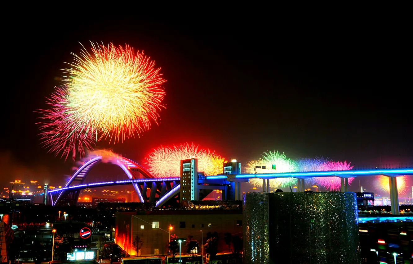 Photo wallpaper night, bridge, holiday, China, salute, China, Shanghai, Shanghai expo