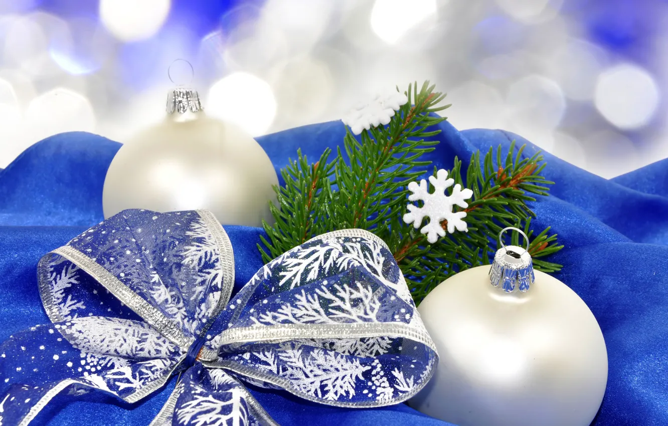Photo wallpaper snowflakes, holiday, balls, tree, branch, white, tree, Christmas