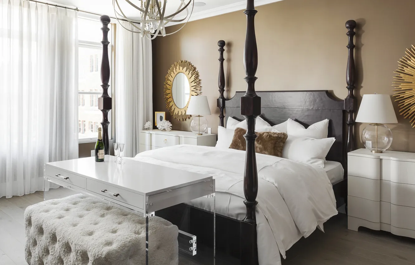 Photo wallpaper design, table, bed, pillow, bedroom, decor