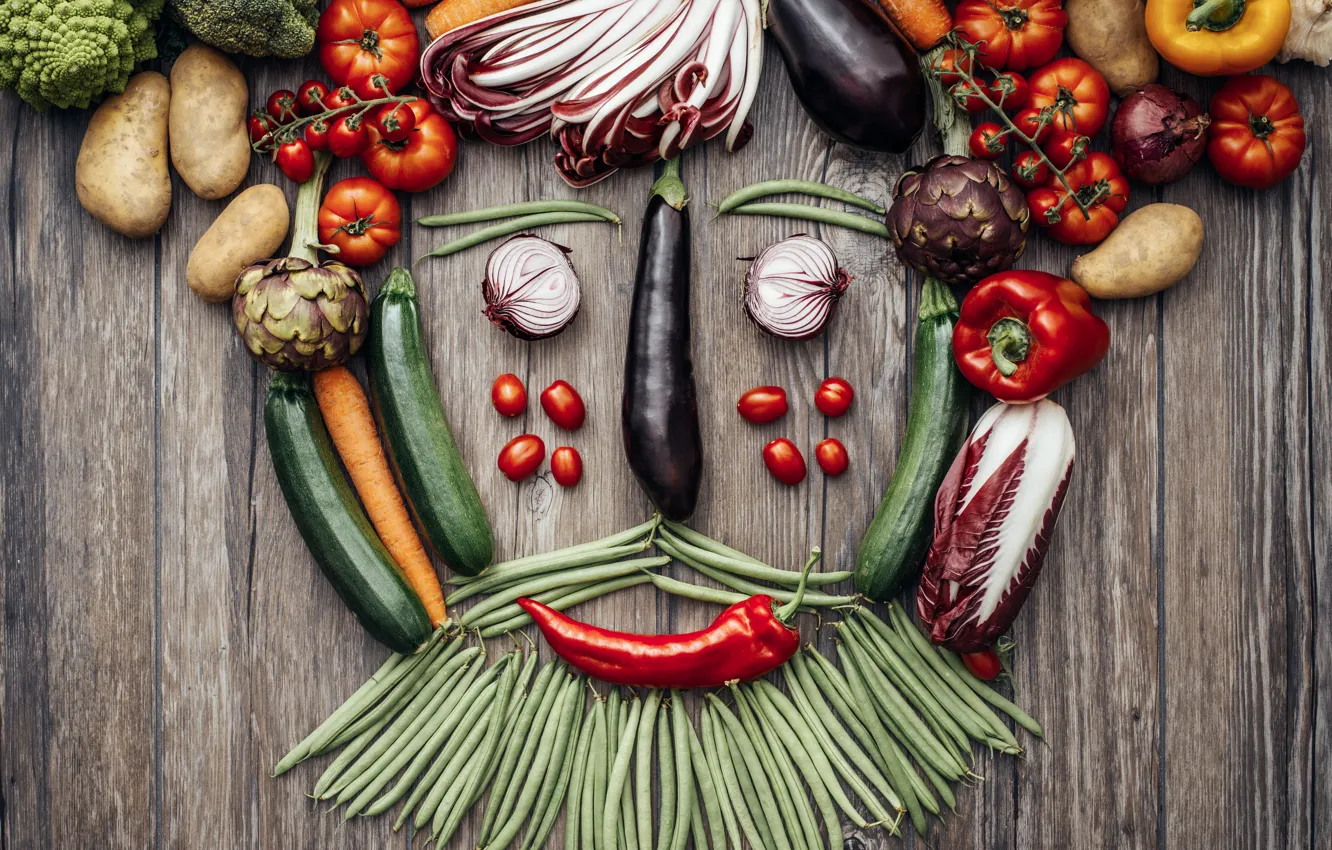 Photo wallpaper creative, table, portrait, polka dot, bow, eggplant, pepper, vegetables