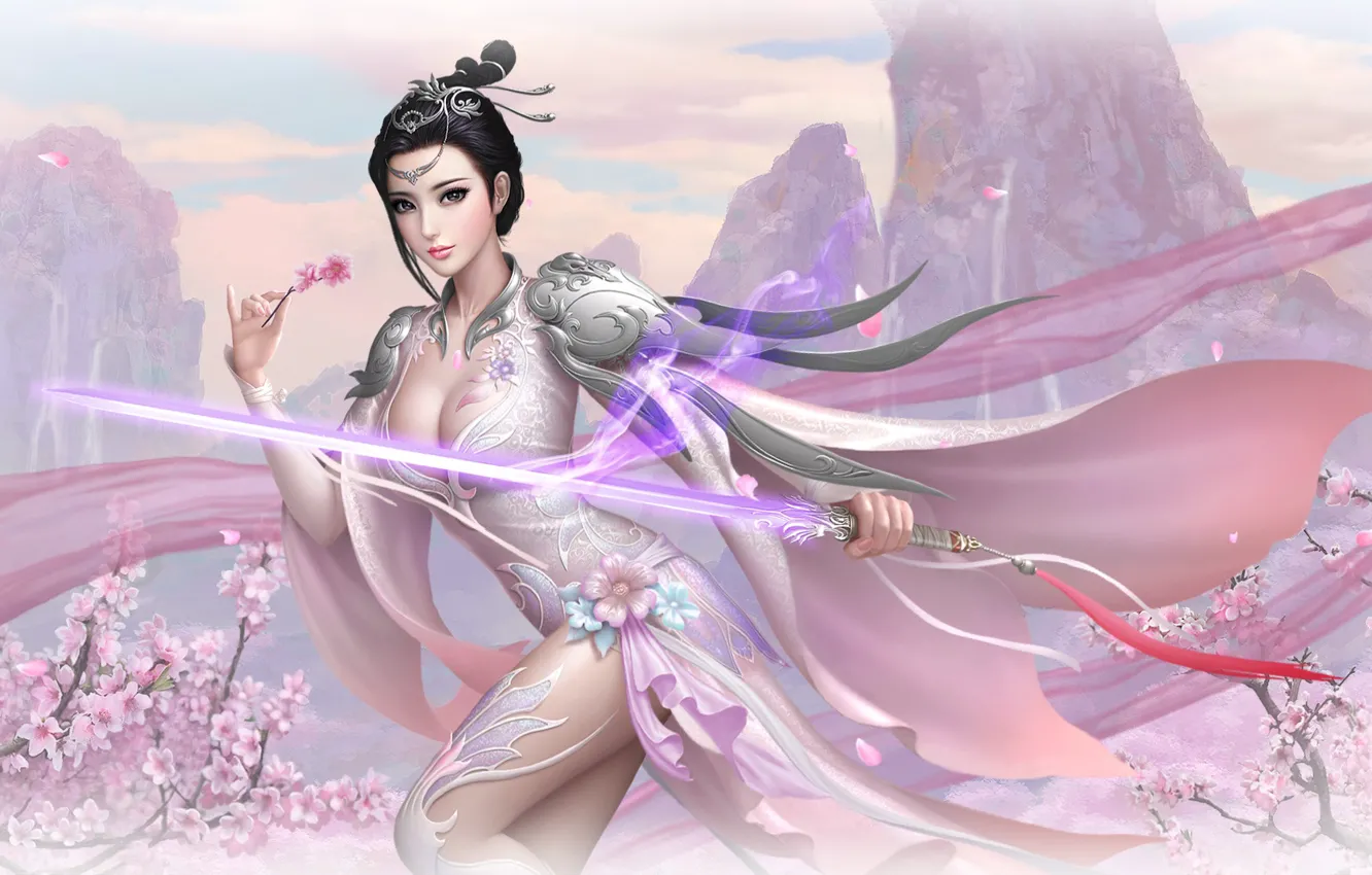 Photo wallpaper girl, flowers, spring, sword, Asian