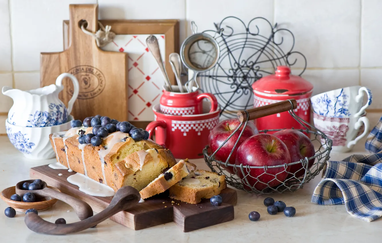 Photo wallpaper berries, apples, blueberries, dishes, still life, cupcake