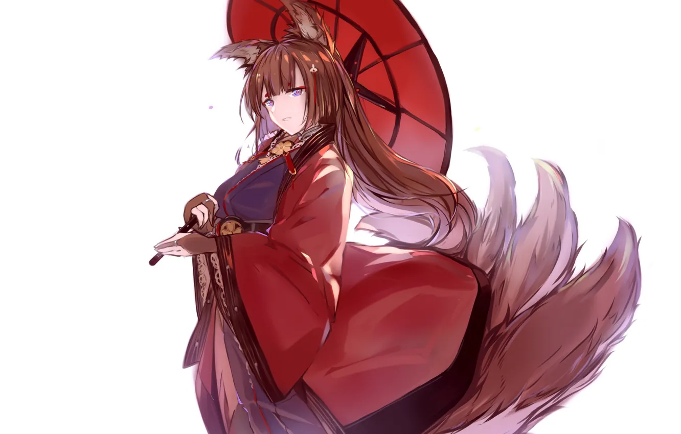 Photo wallpaper white background, Japanese clothing, red umbrella, Amagi, the demon-Fox, kitsune, Azur Lane, redhead girl