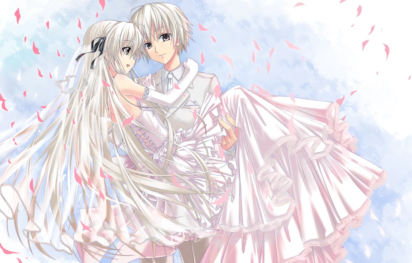 Photo wallpaper girl, dress, Anime, guy, the bride, veil, long hair, wedding