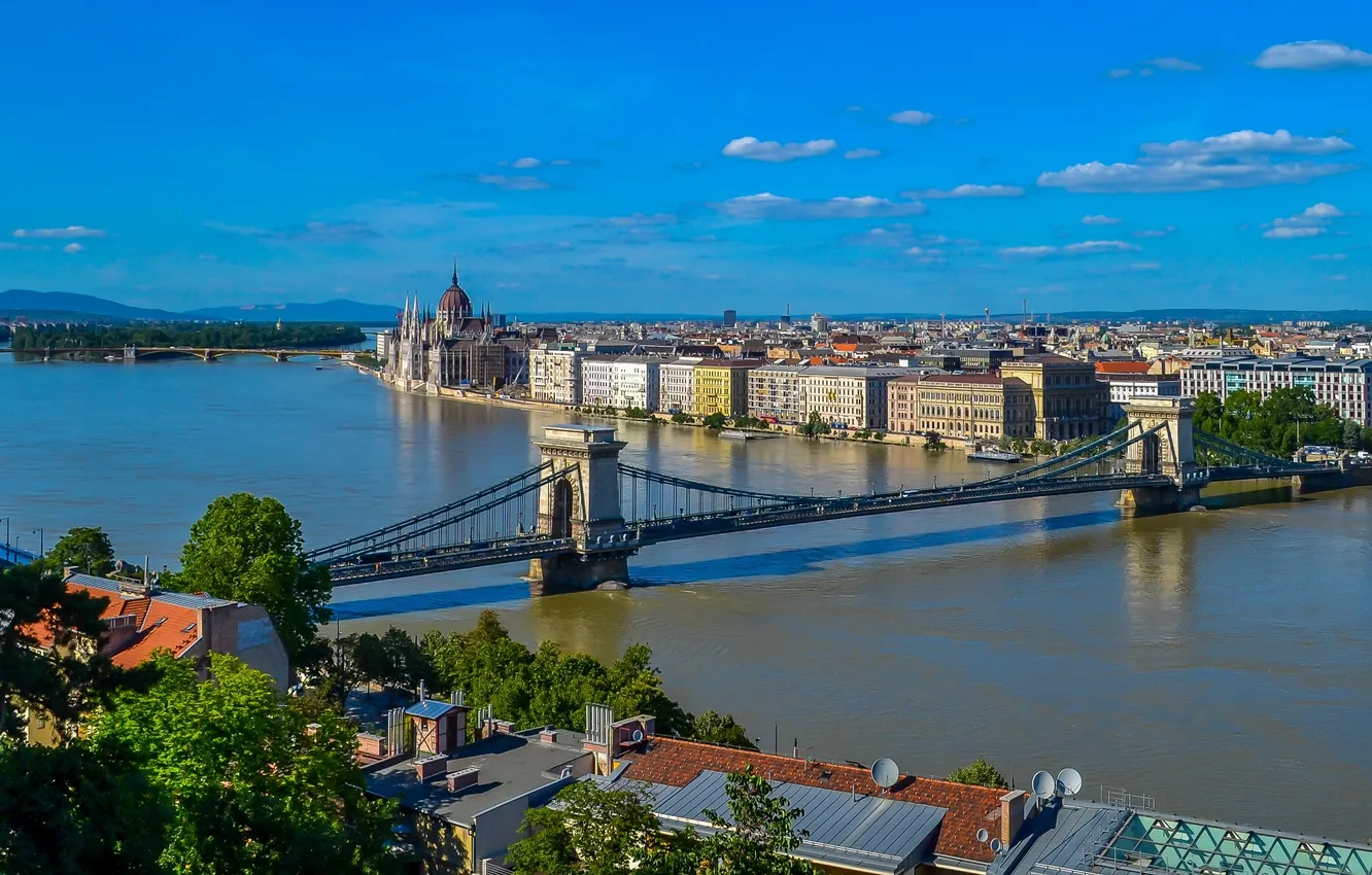 Photo wallpaper bridge, river, building, panorama, Hungary, Hungary, Budapest, The Danube
