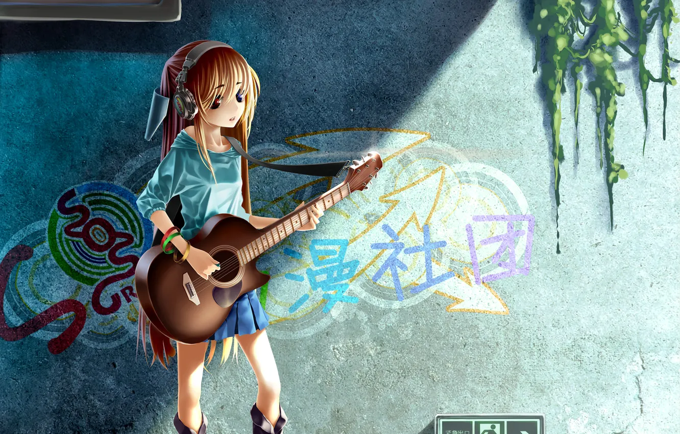 Photo wallpaper guitar, headphones, girl