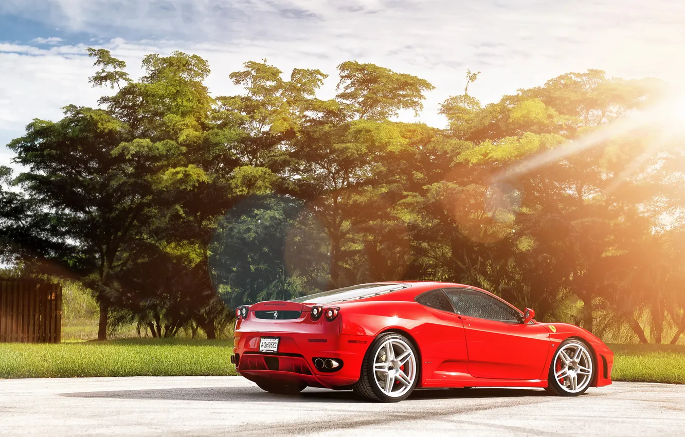 Photo wallpaper light, trees, red, glare, Ferrari F430, Ferrari, Supercar