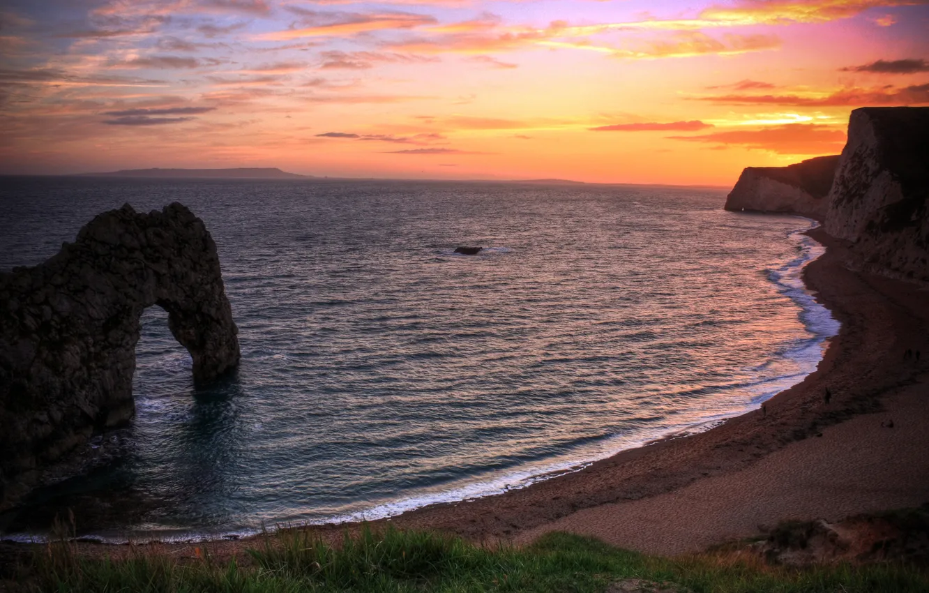 Photo wallpaper sand, sea, wave, beach, the sky, grass, water, sunset