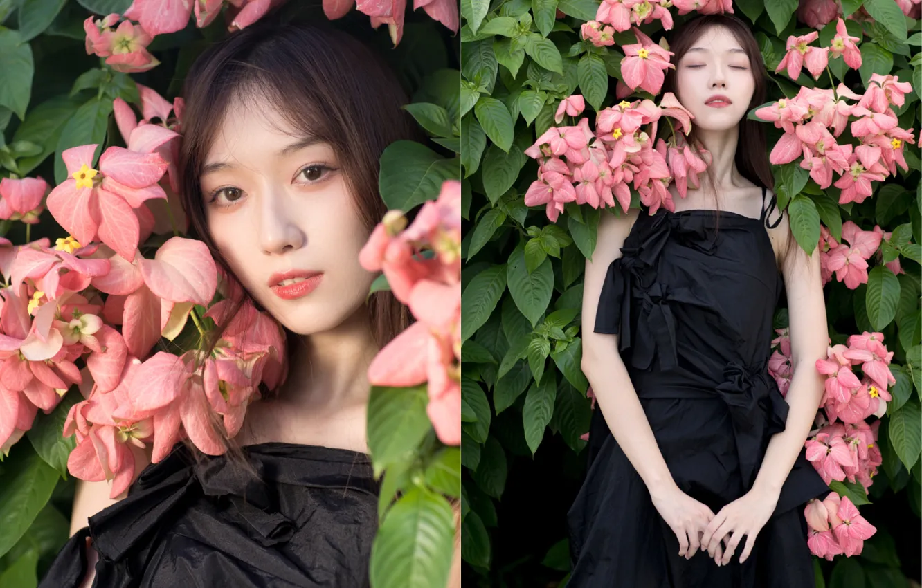 Photo wallpaper Beautiful, Asian, Model, Flowers, Woman, Cute, Pretty, Petite